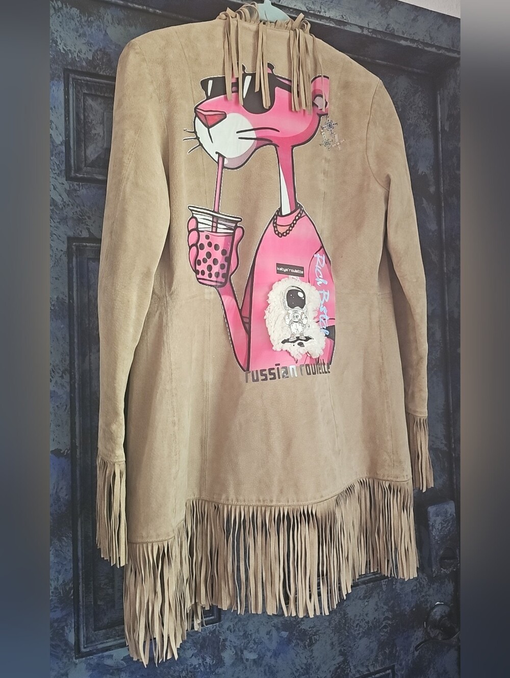 Fringed Suede Jacket with Pink Panther Graphic
